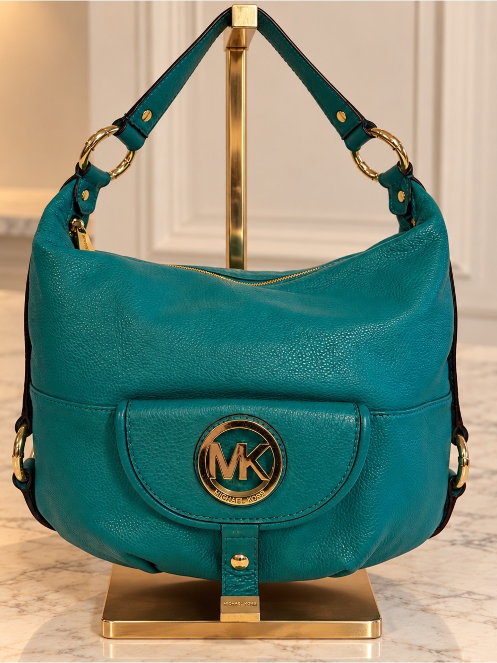 Michael Kors teal Pebbled Leather Hobo Shoulder bag